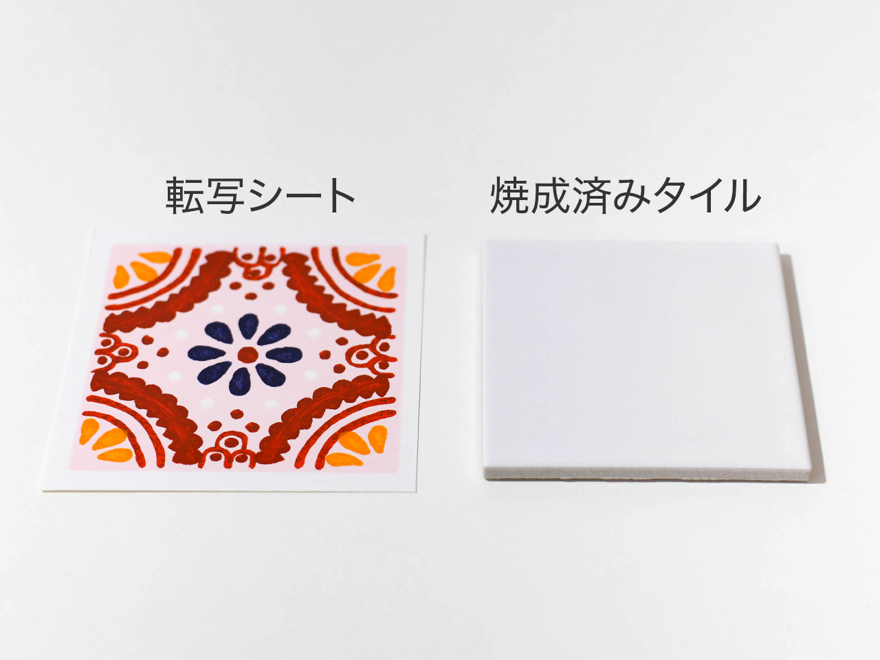 (左)転写紙と(右)焼成済みのタイルを用意。